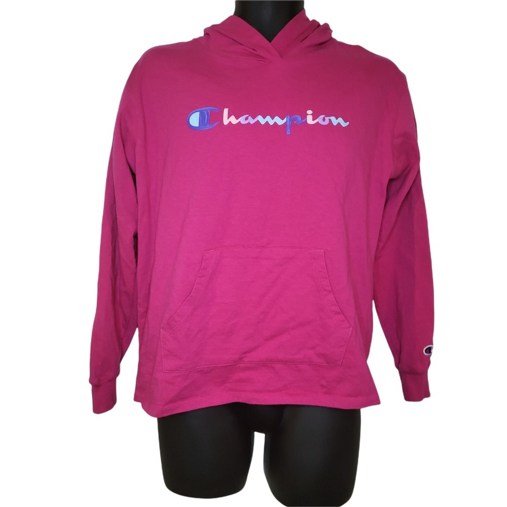 Champion Womens M Pink Spellout Logo Lightweight Long Sleeve Hooded T-Shirt Top